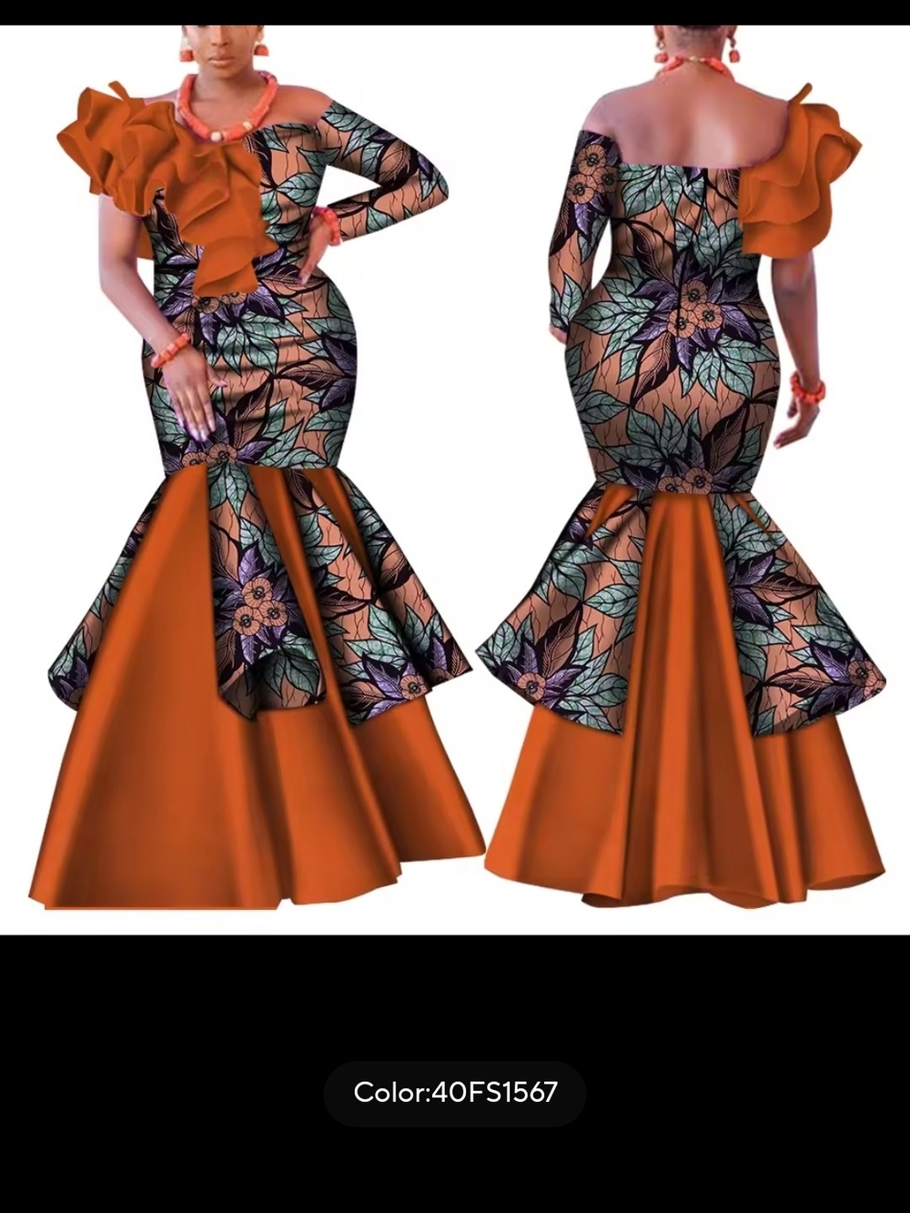 One-Shoulder Ruffle Mermaid Gown in Burnt Orange & Floral Print